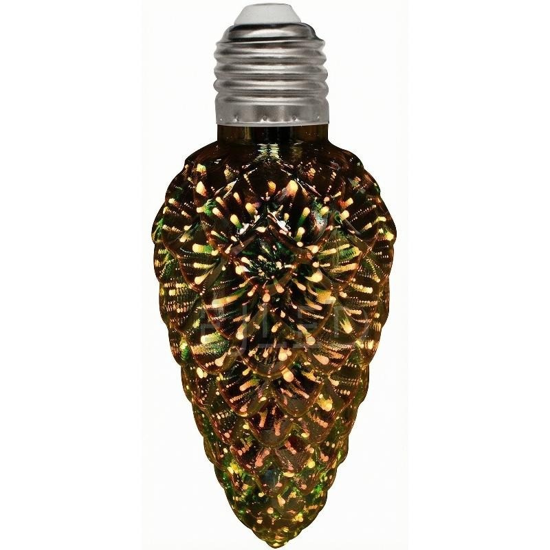 This clear glass pinecone shape 3D galaxy LED bulb features a textured shade with a metal screw base, designed for decorative fixtures.