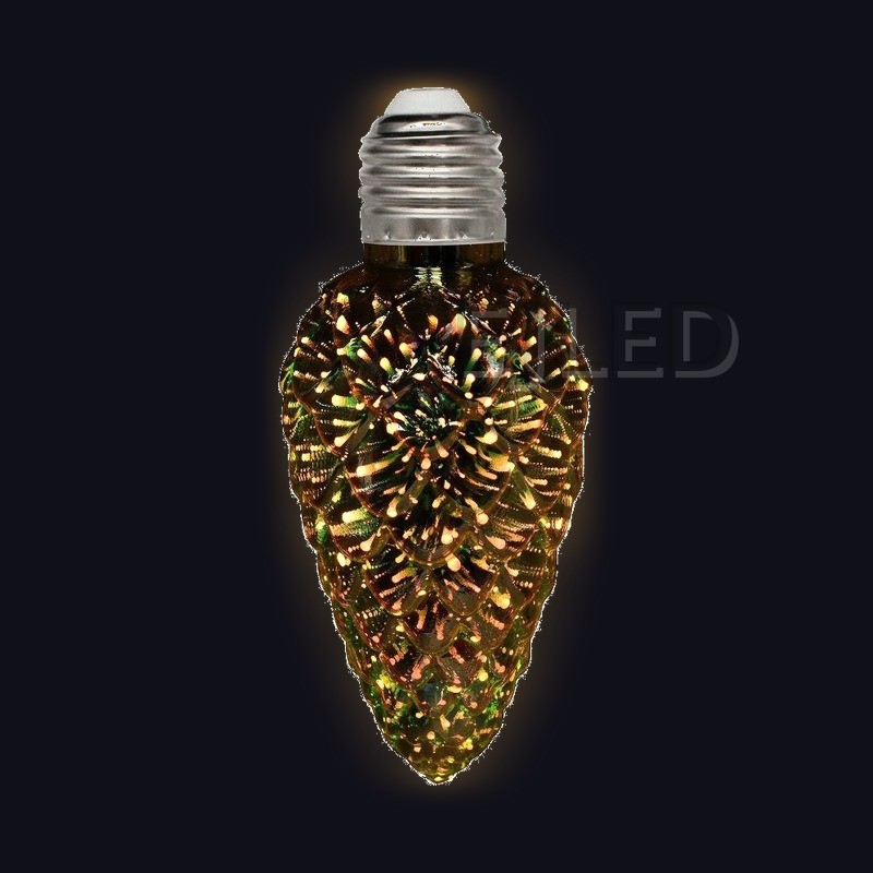This clear glass pinecone shape 3D galaxy LED bulb features a textured shade with a metal screw base, designed for decorative fixtures. - view 2