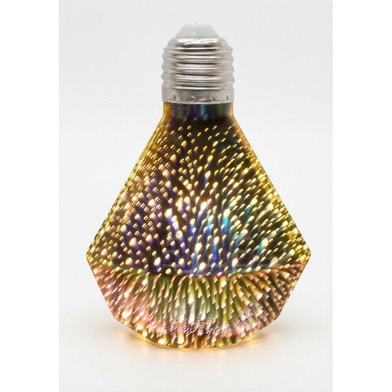 This clear glass diamond shaped galaxy LED bulb 95-3D features an eye catching faceted glass shade with a metallic finish and a standard screw base.