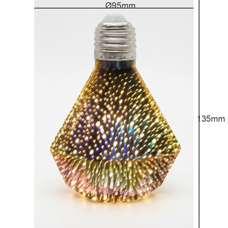 This clear glass diamond shaped galaxy LED bulb 95-3D features an eye catching faceted glass shade with a metallic finish and a standard screw base. - view 4
