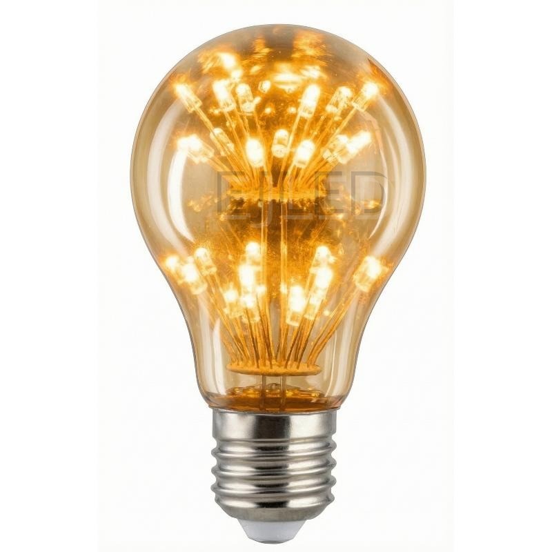 This A60 starry LED bulb features amber glass and multiple tiny internal light points arranged in a clustered sphere shape.