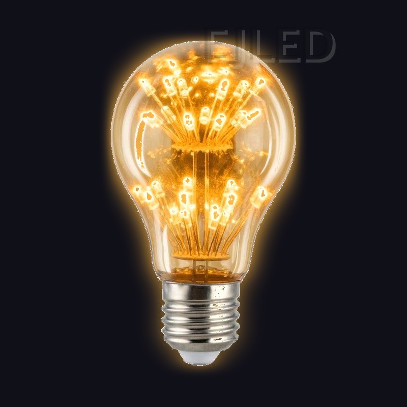 This A60 starry LED bulb features amber glass and multiple tiny internal light points arranged in a clustered sphere shape. - view 2