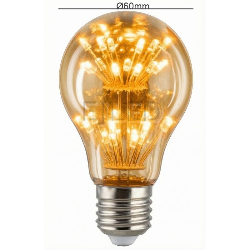 This A60 starry LED bulb features amber glass and multiple tiny internal light points arranged in a clustered sphere shape. - view 4