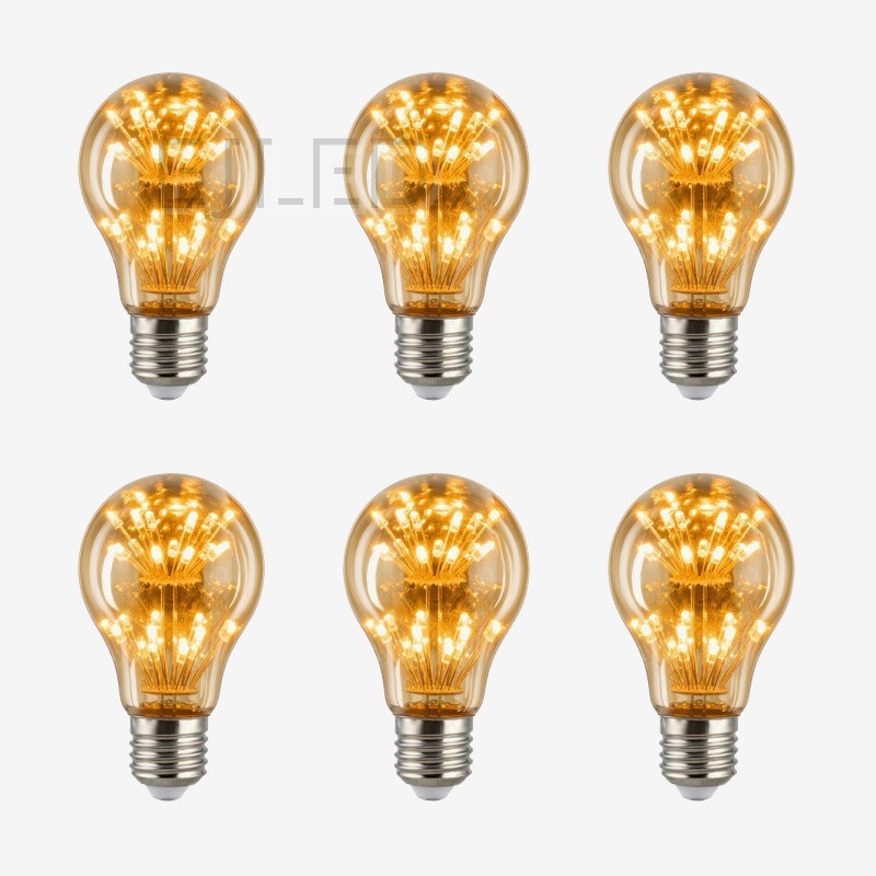 This A60 starry LED bulb features amber glass and multiple tiny internal light points arranged in a clustered sphere shape. - view 5