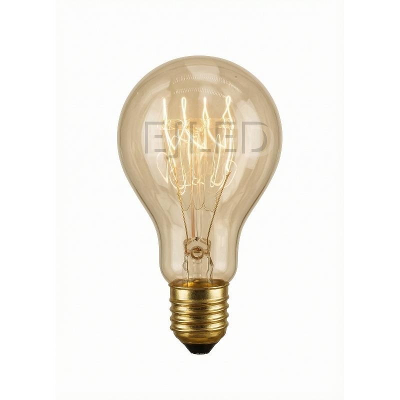 This amber glass retro light bulb features visible tungsten filaments inside a classic teardrop shaped enclosure, mounted on a brass threaded base.