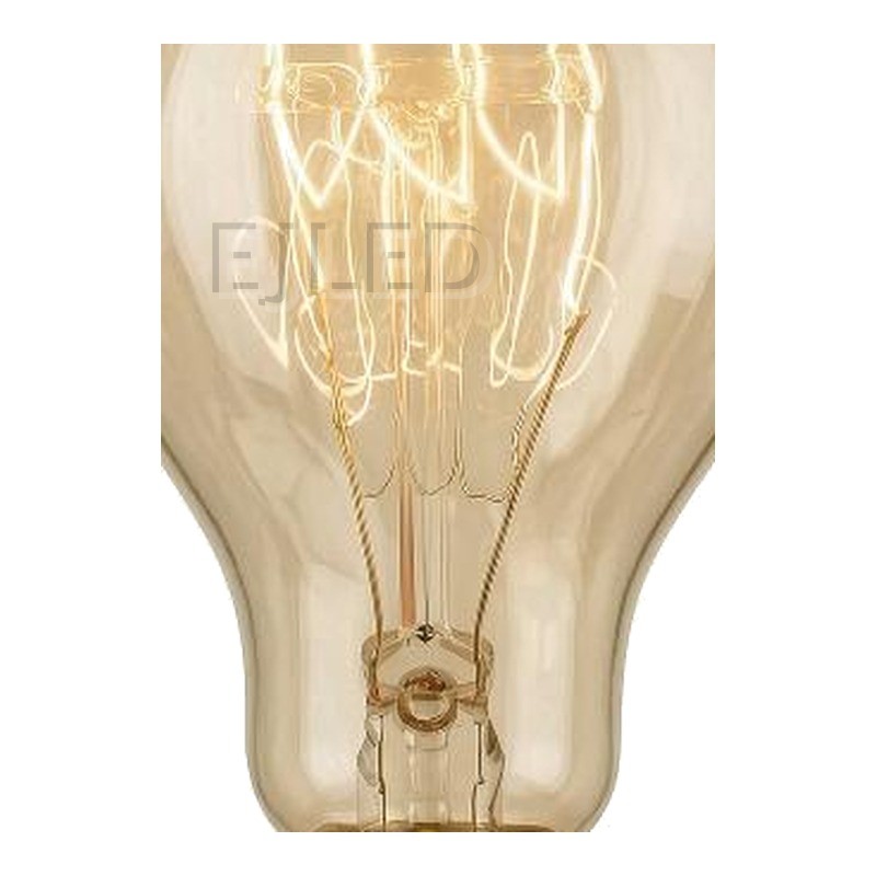 This amber glass retro light bulb features visible tungsten filaments inside a classic teardrop shaped enclosure, mounted on a brass threaded base. - view 3