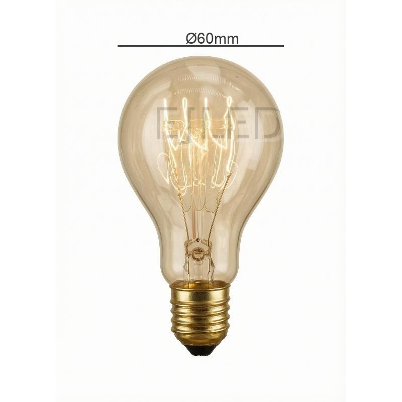 This amber glass retro light bulb features visible tungsten filaments inside a classic teardrop shaped enclosure, mounted on a brass threaded base. - view 4
