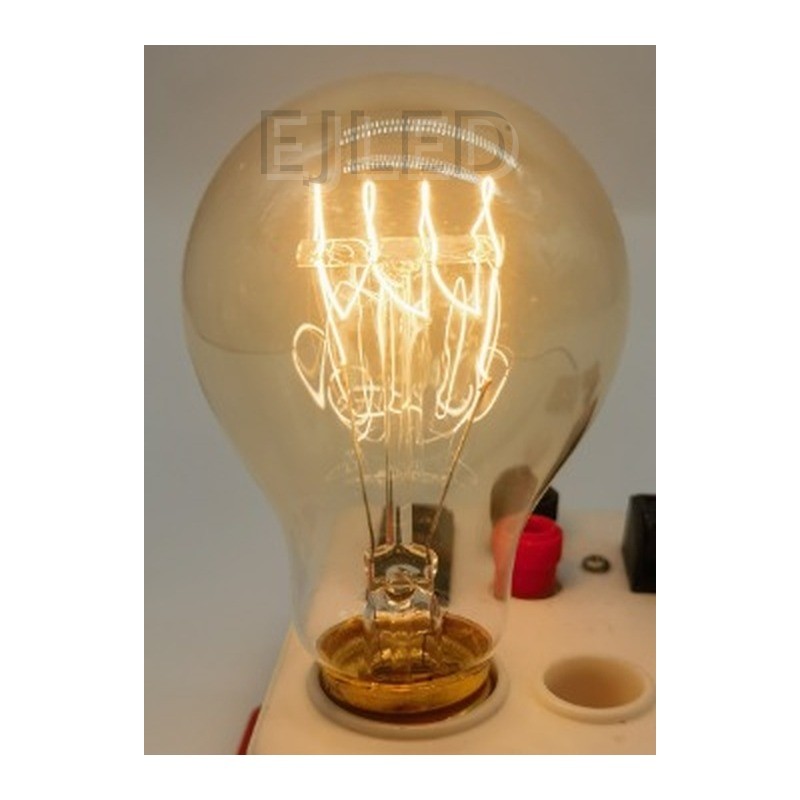 This amber glass retro light bulb features visible tungsten filaments inside a classic teardrop shaped enclosure, mounted on a brass threaded base. - view 6