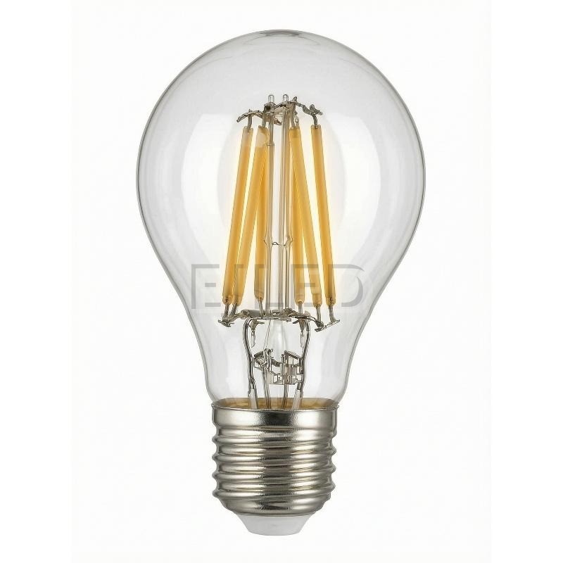 This A60 glass light bulb features vertical soft filaments inside a clear pear-shaped glass envelope and a standard metal screw base.