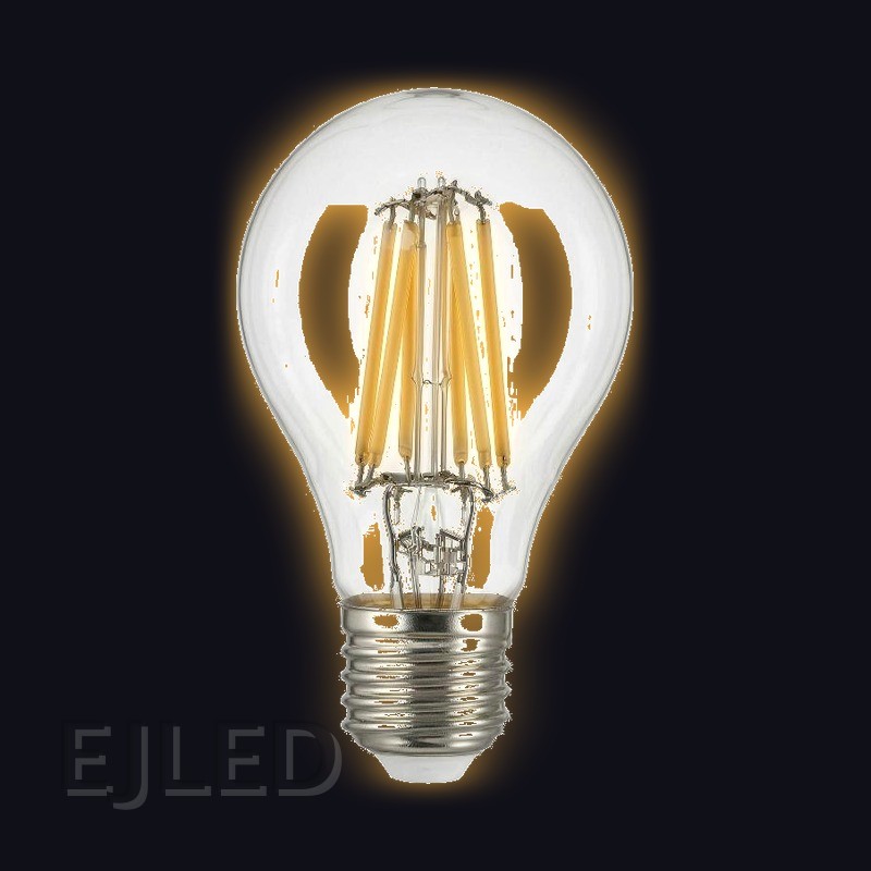 This A60 glass light bulb features vertical soft filaments inside a clear pear-shaped glass envelope and a standard metal screw base. - view 2