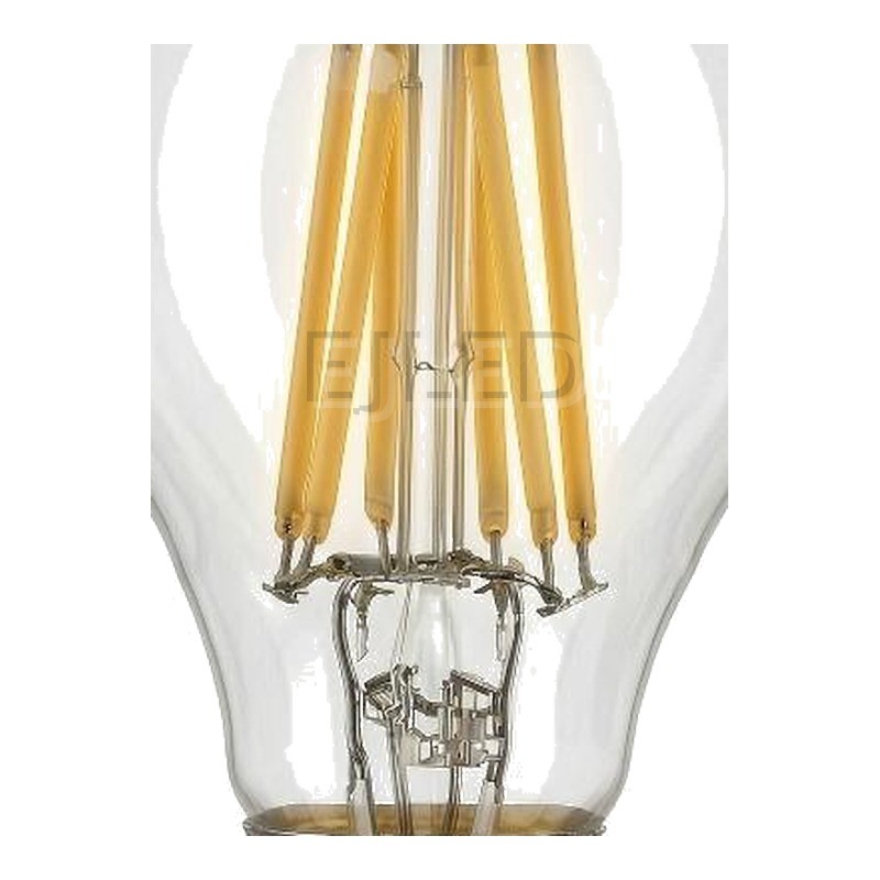 This A60 glass light bulb features vertical soft filaments inside a clear pear-shaped glass envelope and a standard metal screw base. - view 3