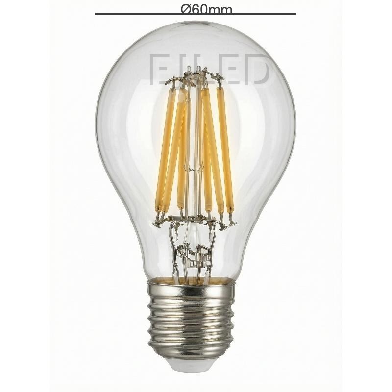 This A60 glass light bulb features vertical soft filaments inside a clear pear-shaped glass envelope and a standard metal screw base. - view 4