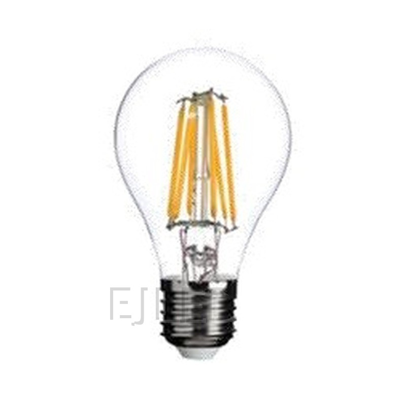 This A60 glass light bulb features vertical soft filaments inside a clear pear-shaped glass envelope and a standard metal screw base. - view 6