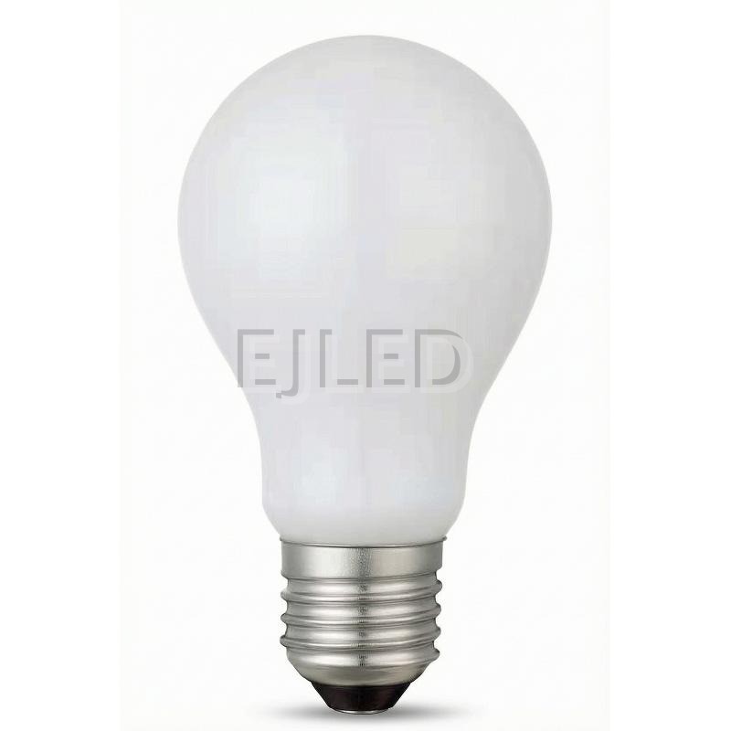 This milky glass A60 LED bulb features a classic pear shape and a standard threaded metal screw base. It provides uniform diffused light for general illumination needs.