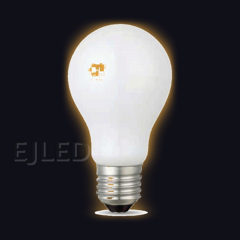 This milky glass A60 LED bulb features a classic pear shape and a standard threaded metal screw base. It provides uniform diffused light for general illumination needs. - view 2