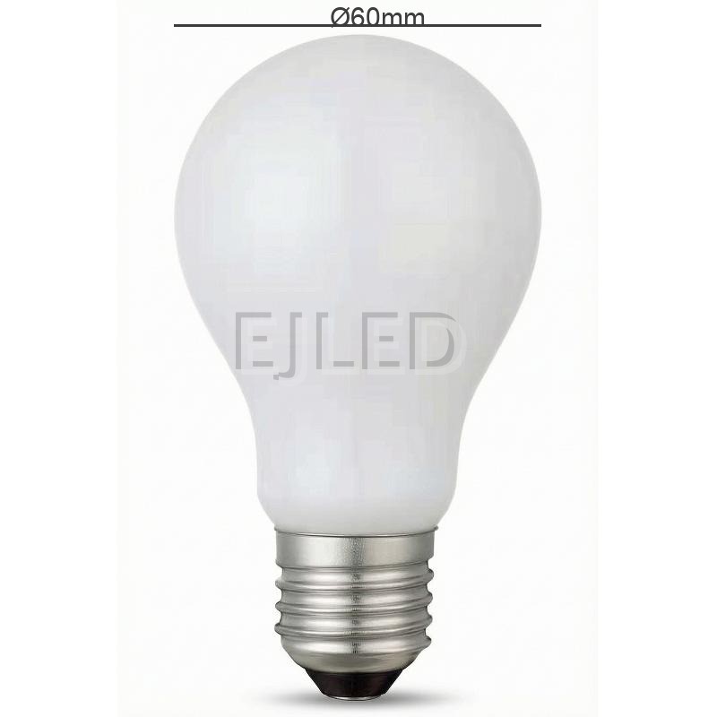 This milky glass A60 LED bulb features a classic pear shape and a standard threaded metal screw base. It provides uniform diffused light for general illumination needs. - view 4