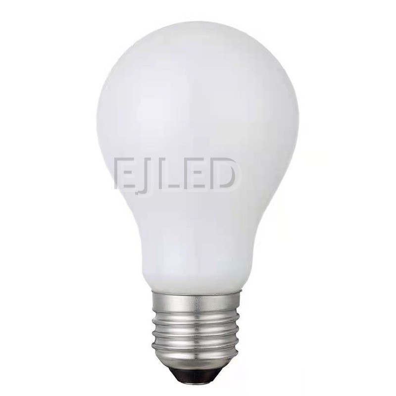 This milky glass A60 LED bulb features a classic pear shape and a standard threaded metal screw base. It provides uniform diffused light for general illumination needs. - view 6