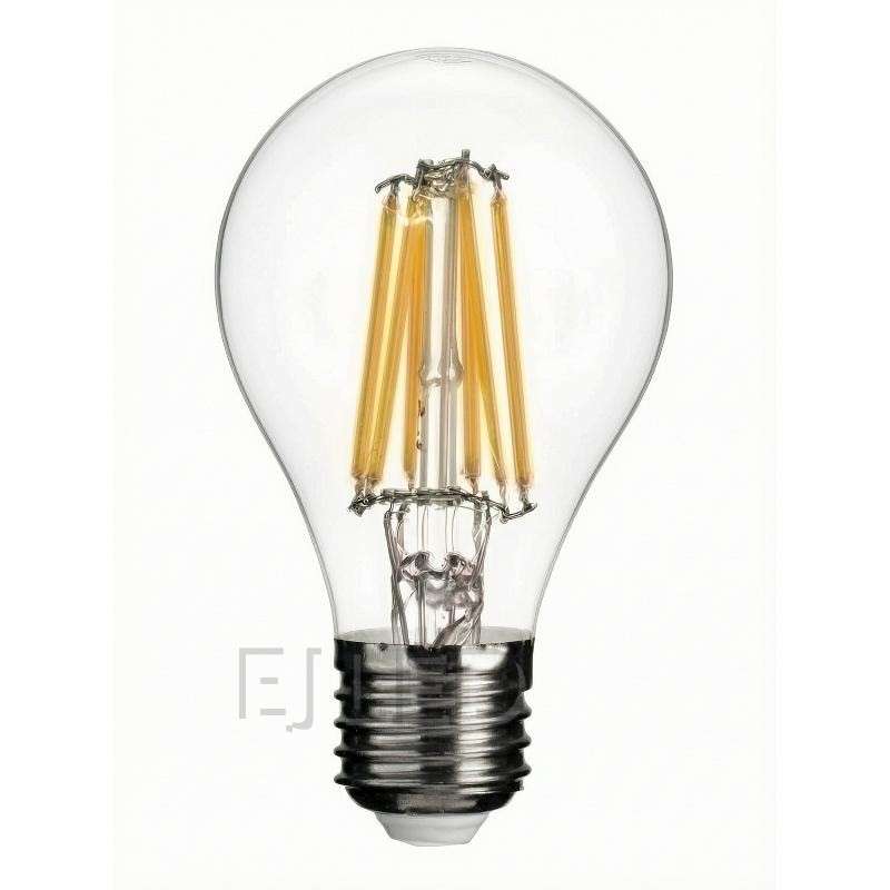 This A60-FL glass filament LED bulb features a clear bulb shape with visible vertical filaments and a standard metal screw base.