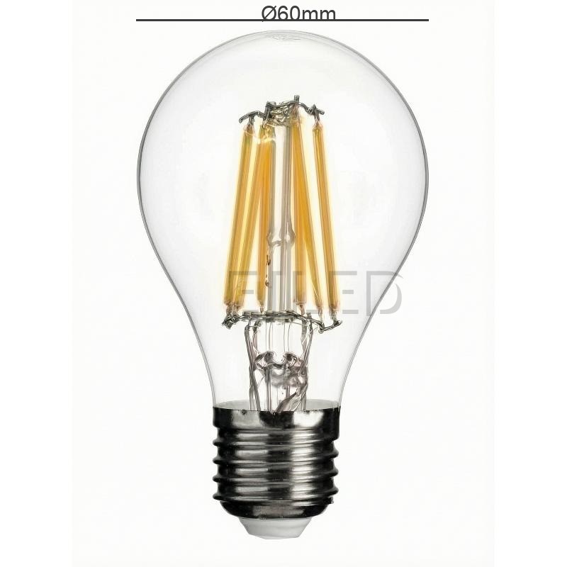 This A60-FL glass filament LED bulb features a clear bulb shape with visible vertical filaments and a standard metal screw base. - view 4