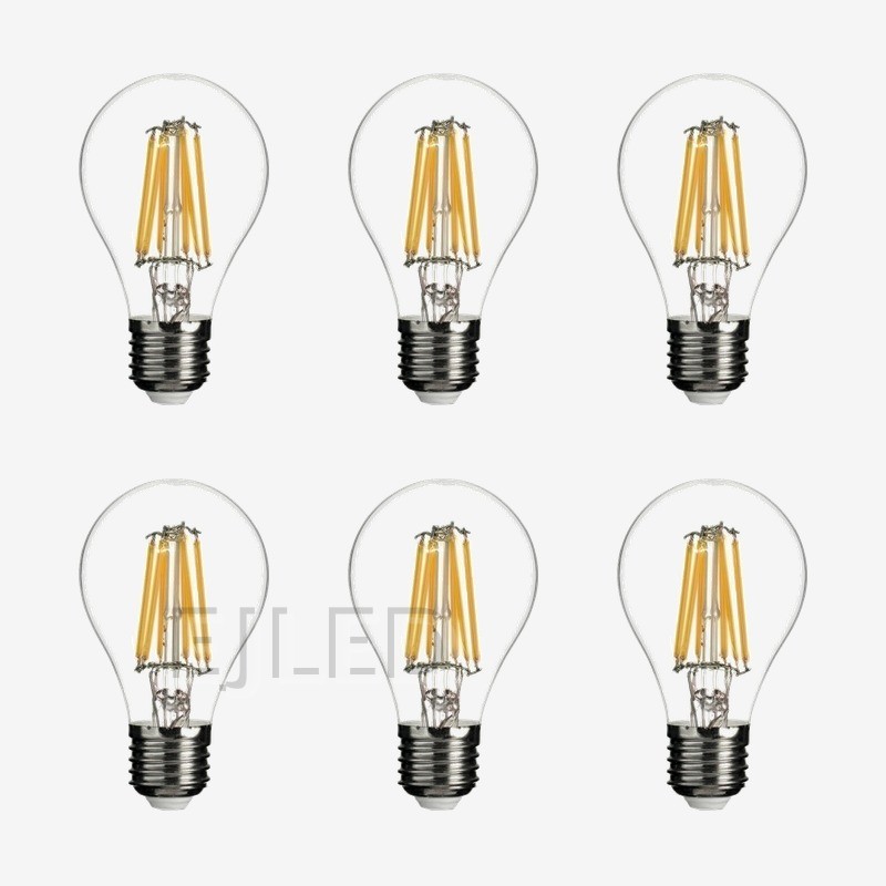 This A60-FL glass filament LED bulb features a clear bulb shape with visible vertical filaments and a standard metal screw base. - view 5