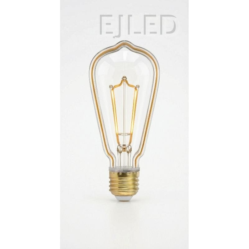 This clear glass ST64 bulb features an amber line LED filament inside a decorative pear-shaped glass envelope. It mounts with a standard threaded brass base for commercial lighting applications.