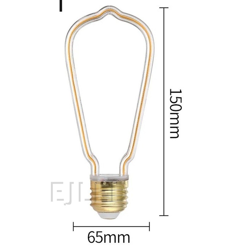This clear glass ST64 bulb features an amber line LED filament inside a decorative pear-shaped glass envelope. It mounts with a standard threaded brass base for commercial lighting applications. - view 2