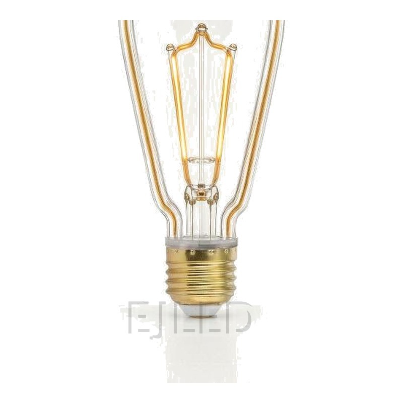 This clear glass ST64 bulb features an amber line LED filament inside a decorative pear-shaped glass envelope. It mounts with a standard threaded brass base for commercial lighting applications. - view 3
