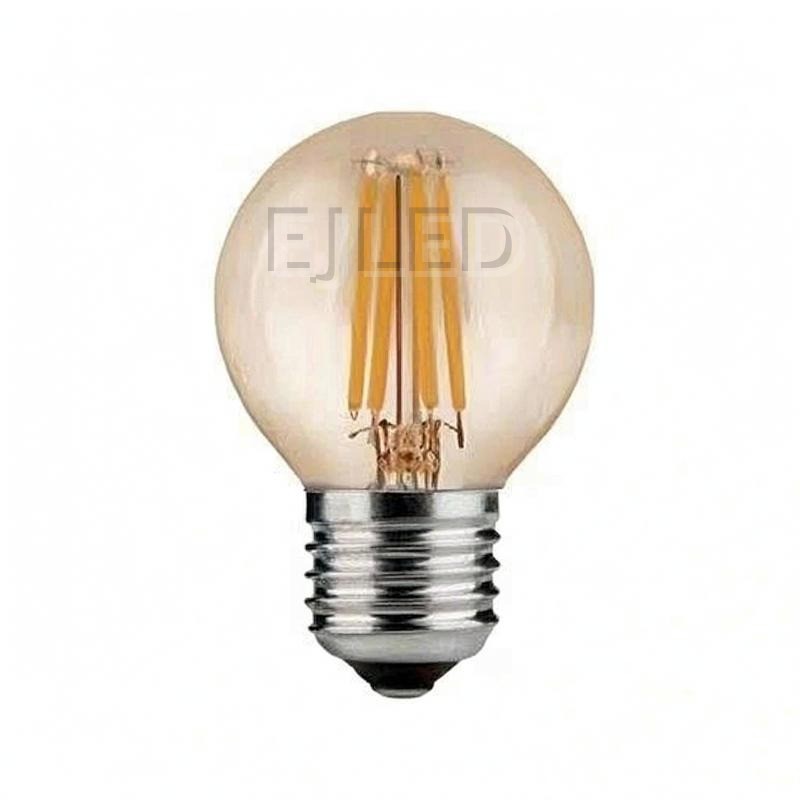 This compact globe lamp features vertical LED filaments inside a warm amber tinted glass sphere with a standard screw base, combining classic retro style with modern efficiency.