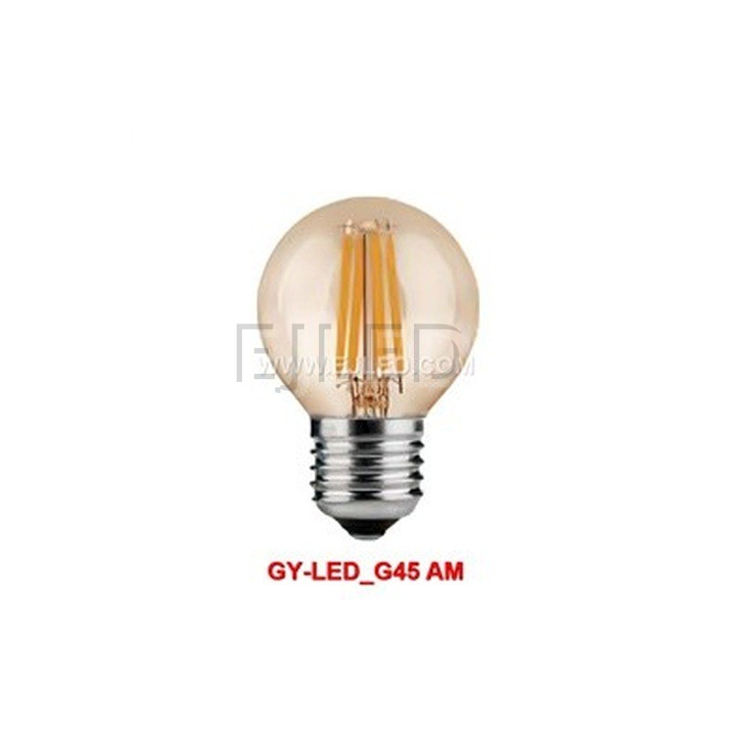 This compact globe lamp features vertical LED filaments inside a warm amber tinted glass sphere with a standard screw base, combining classic retro style with modern efficiency. - view 2