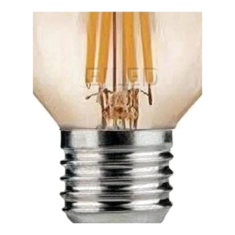 This compact globe lamp features vertical LED filaments inside a warm amber tinted glass sphere with a standard screw base, combining classic retro style with modern efficiency. - view 3