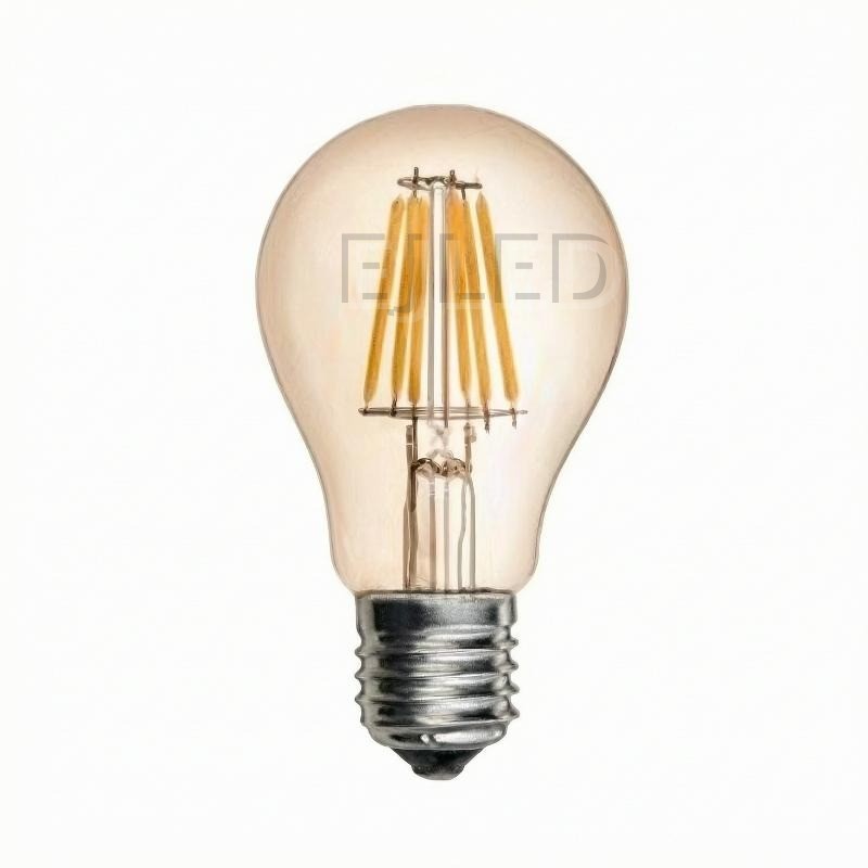 This retro LED filament light bulb features an amber-tinted glass shade and vertical LED filaments designed for vintage-style commercial and residential fixtures.