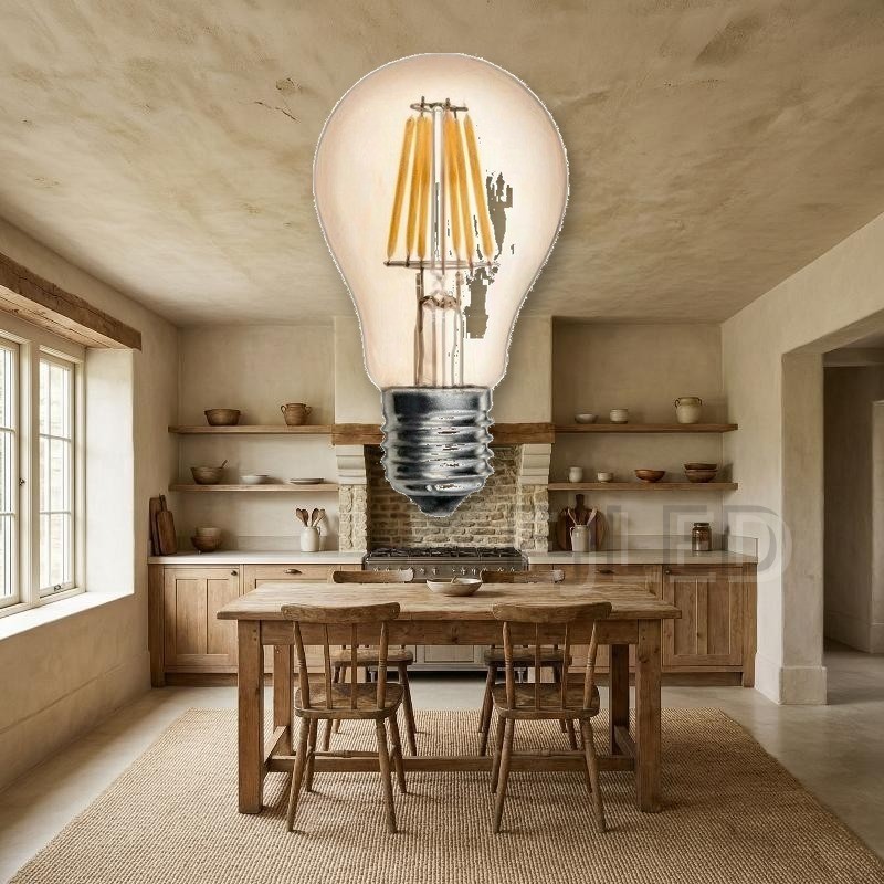 This retro LED filament light bulb features an amber-tinted glass shade and vertical LED filaments designed for vintage-style commercial and residential fixtures. - view 4