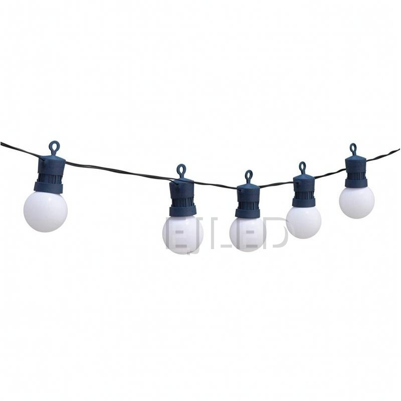 Outdoor dark blue plastic globe string lights featuring round white lamps suspended from a dark blue wire. Designed for exterior commercial and landscape decoration.