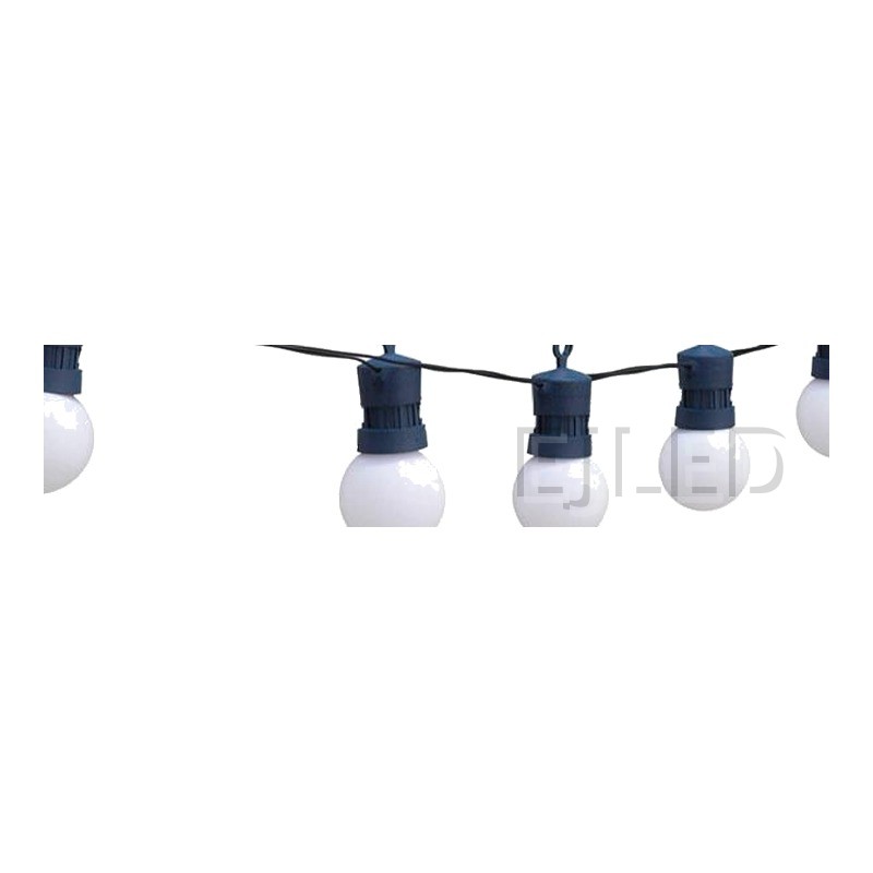 Outdoor dark blue plastic globe string lights featuring round white lamps suspended from a dark blue wire. Designed for exterior commercial and landscape decoration. - view 3