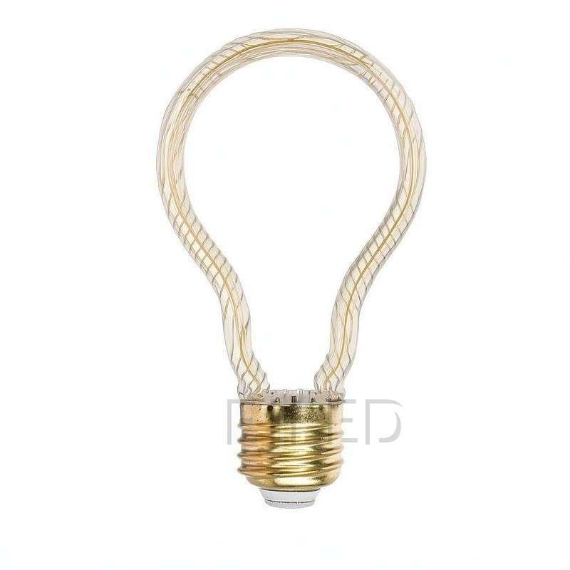 This decorative lamp features an unusual hollow teardrop glass frame with internal linear LED filaments attached to a standard screw base for distinctive lighting projects.
