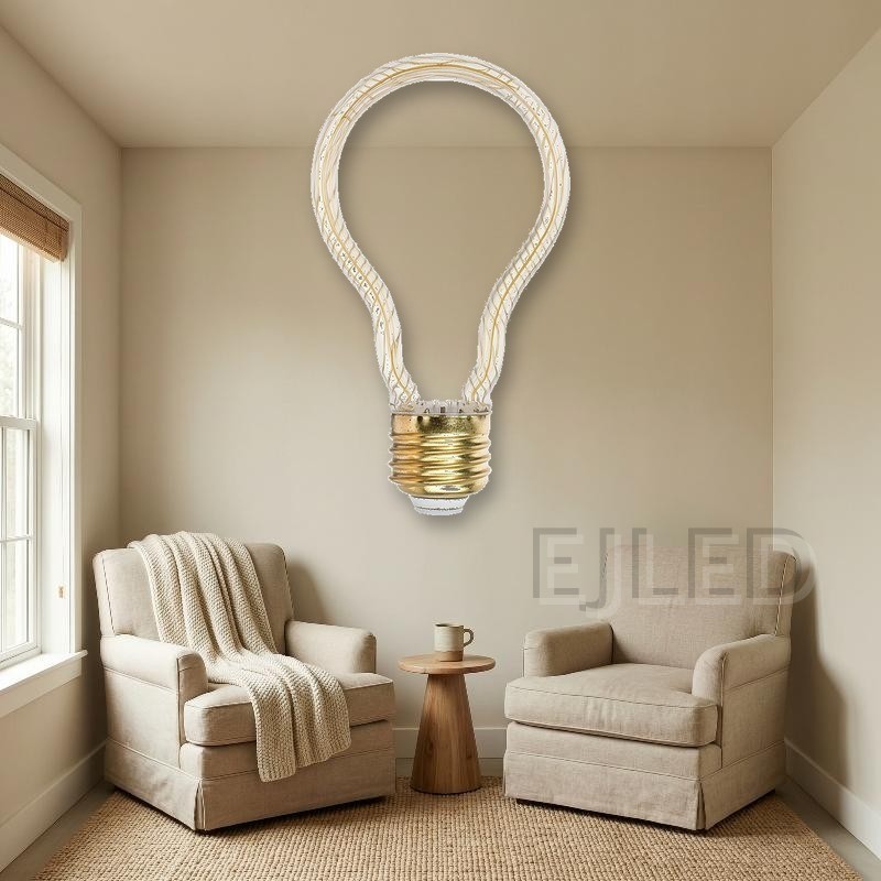 This decorative lamp features an unusual hollow teardrop glass frame with internal linear LED filaments attached to a standard screw base for distinctive lighting projects. - view 4
