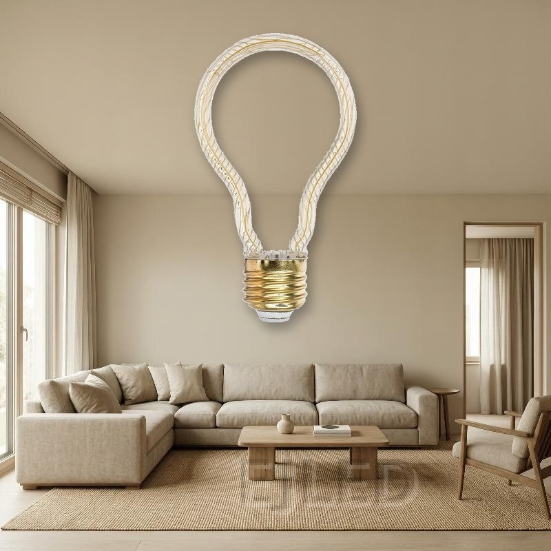 This decorative lamp features an unusual hollow teardrop glass frame with internal linear LED filaments attached to a standard screw base for distinctive lighting projects. - view 5
