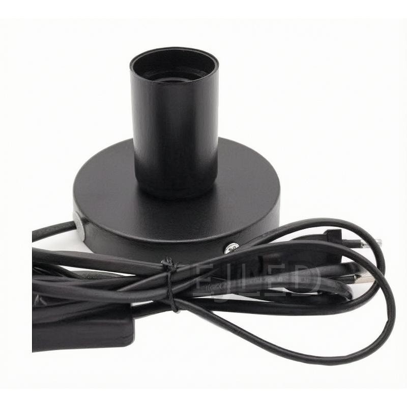 This black metal table lamp base features a cylindrical socket mounted on a round base, complete with an attached power cord, inline switch, and plug.