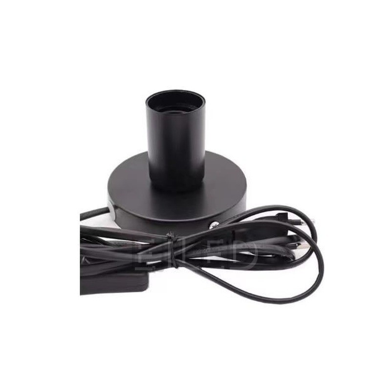 This black metal table lamp base features a cylindrical socket mounted on a round base, complete with an attached power cord, inline switch, and plug. - view 2
