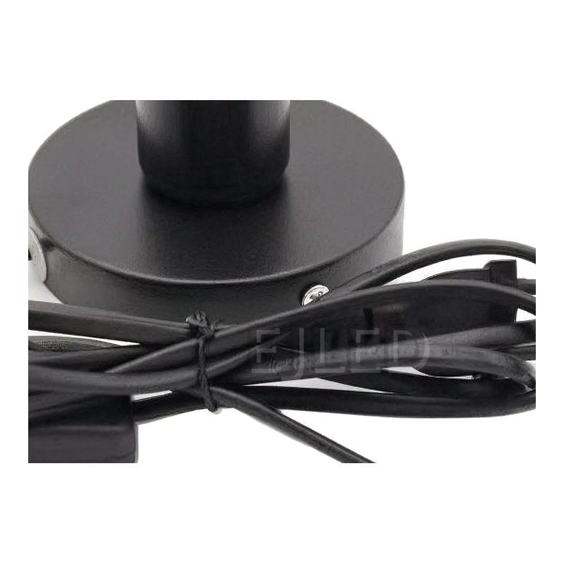 This black metal table lamp base features a cylindrical socket mounted on a round base, complete with an attached power cord, inline switch, and plug. - view 3