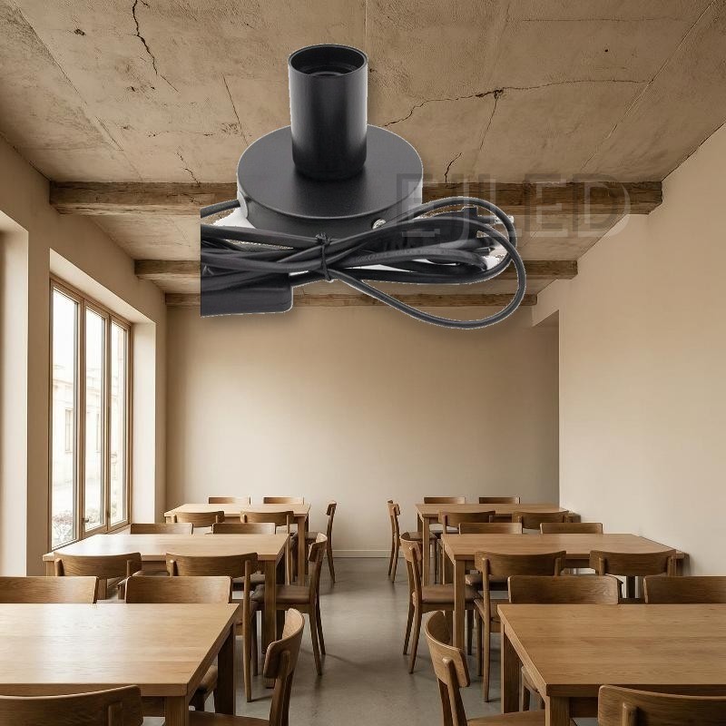 This black metal table lamp base features a cylindrical socket mounted on a round base, complete with an attached power cord, inline switch, and plug. - view 5