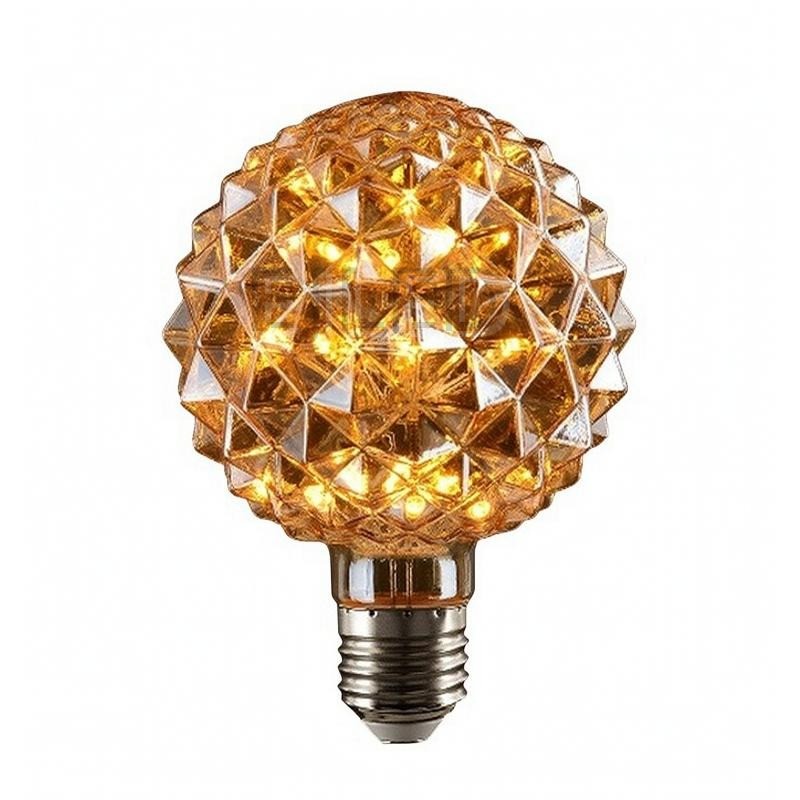 This amber glass bulb features a spherical shape with faceted crystal details and an Edison screw base, powered by interior LED lights.