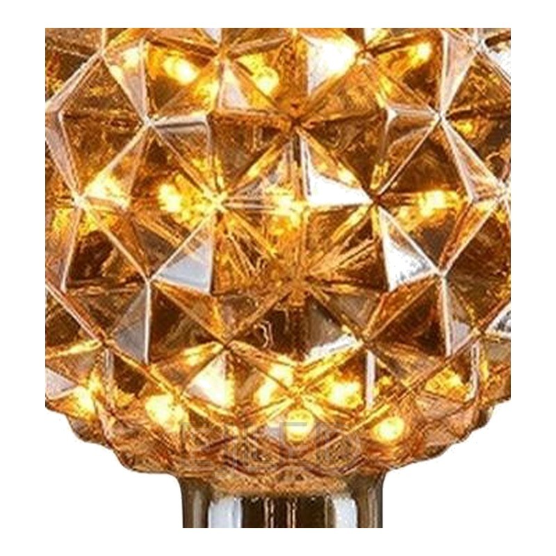 This amber glass bulb features a spherical shape with faceted crystal details and an Edison screw base, powered by interior LED lights. - view 3