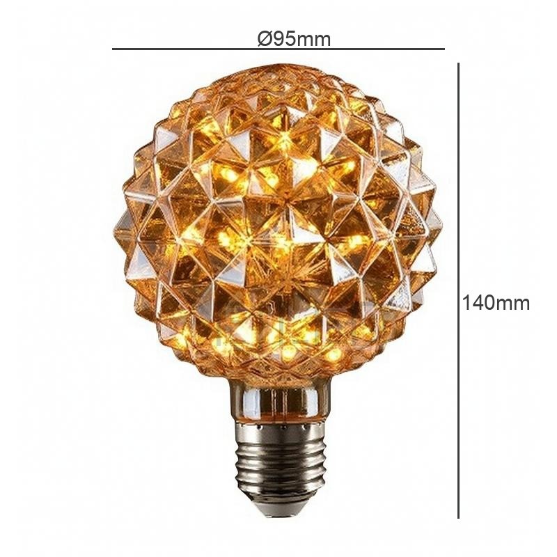 This amber glass bulb features a spherical shape with faceted crystal details and an Edison screw base, powered by interior LED lights. - view 4