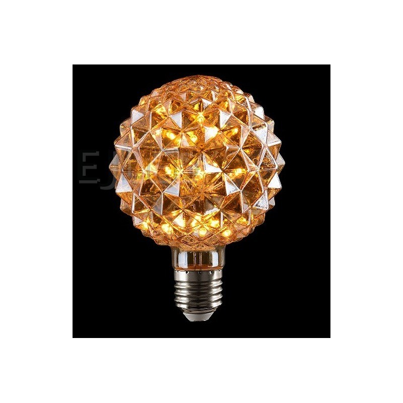 This amber glass bulb features a spherical shape with faceted crystal details and an Edison screw base, powered by interior LED lights. - view 6