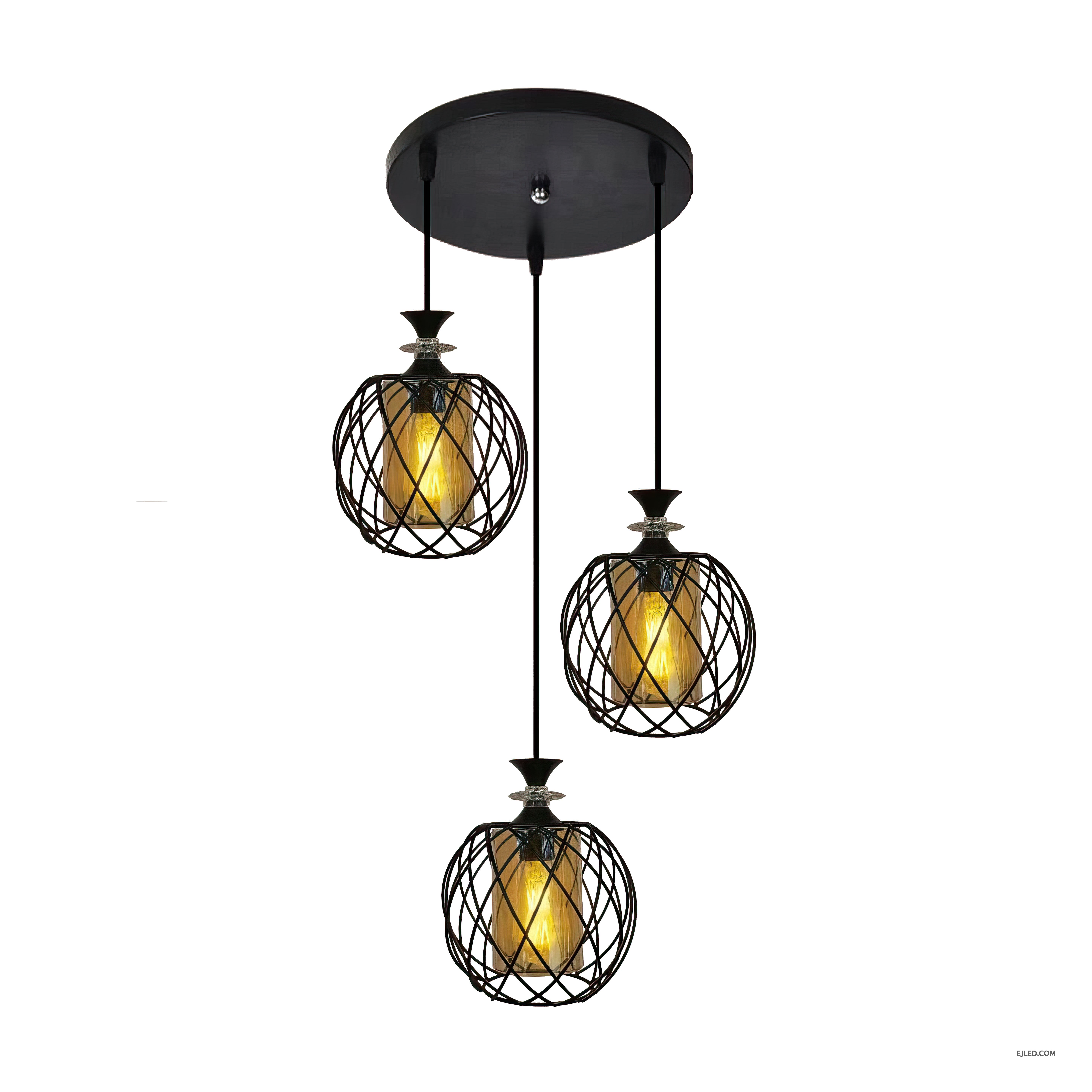This multi-light pendant features three lamps, each with a black iron wire cage surrounding an amber glass cylinder, all suspended from a round black ceiling canopy.
