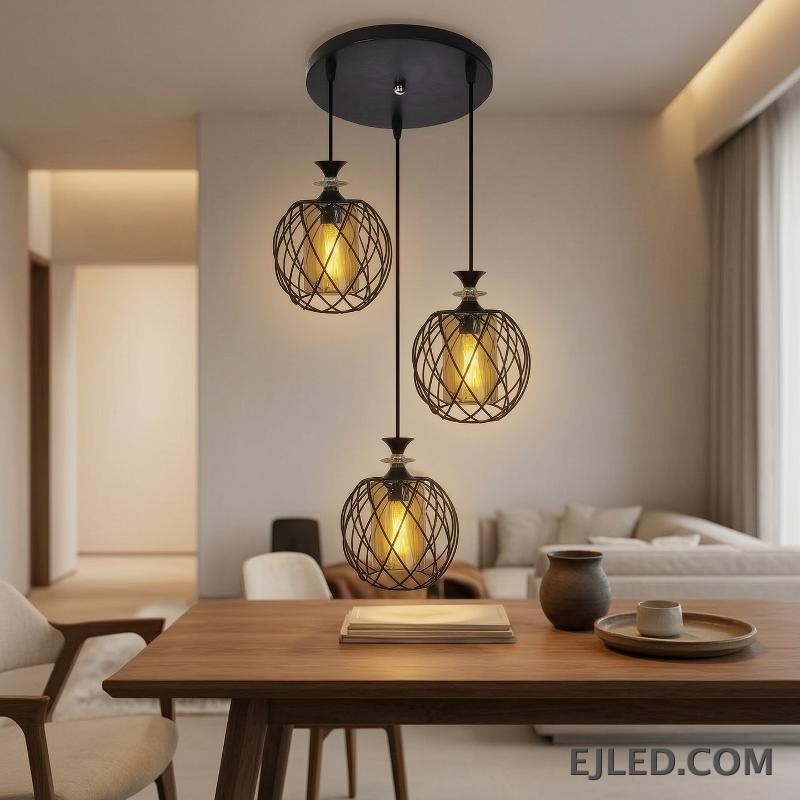 Esta lámpara colgante de múltiples luces cuenta con tres lámparas, cada una con una jaula de alambre de hierro negro que rodea un cilindro de vidrio ámbar, suspendidas de una base redonda negra de techo. - view 3