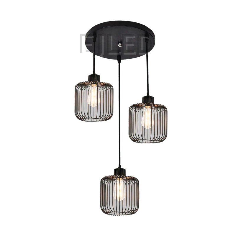 This black iron cylindrical pendant lamp features three open metal wire cage shades hanging from a round ceiling canopy with visible filament bulbs.