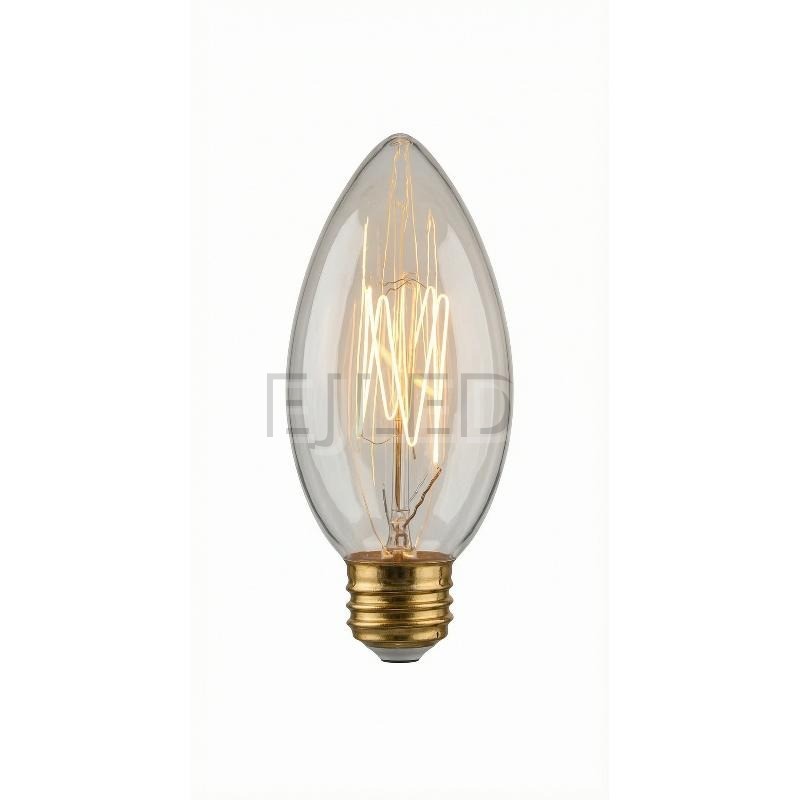Amber glass C35 incandescent bulb with a visible vertical tungsten filament and a standard brass screw base, model C35-40W.
