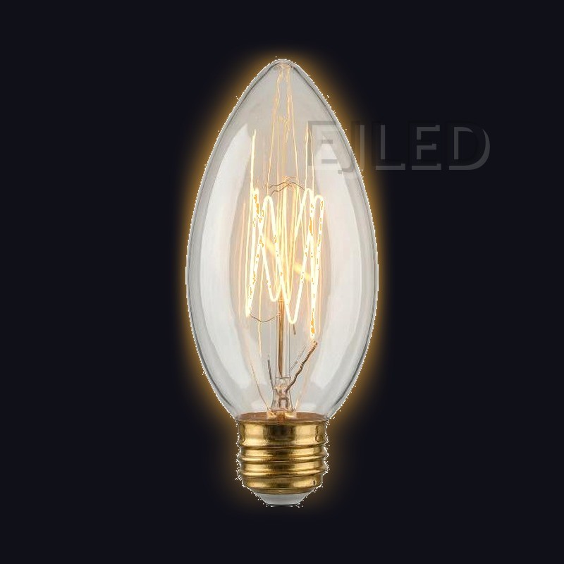 Amber glass C35 incandescent bulb with a visible vertical tungsten filament and a standard brass screw base, model C35-40W. - view 2